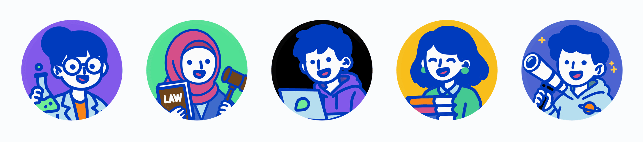 Five custom hand-drawn preset avatar options