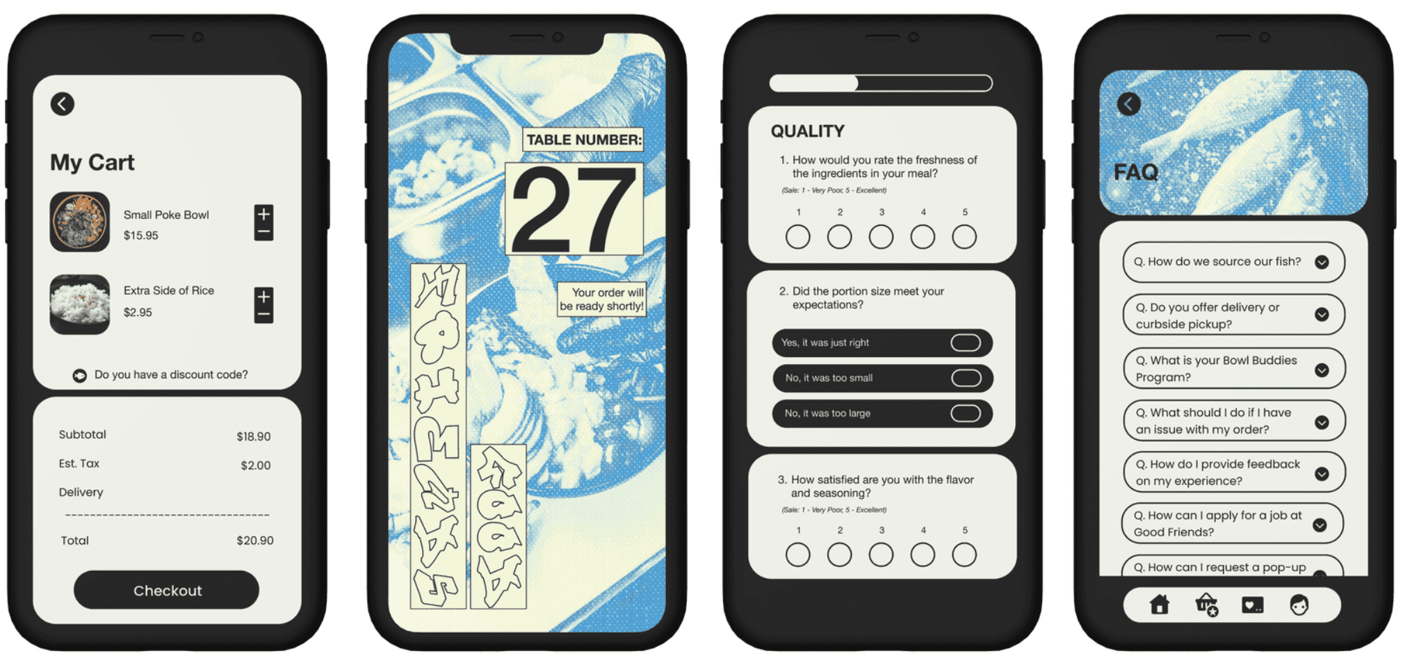 Customer service mockup showing pre-order system and table assignment