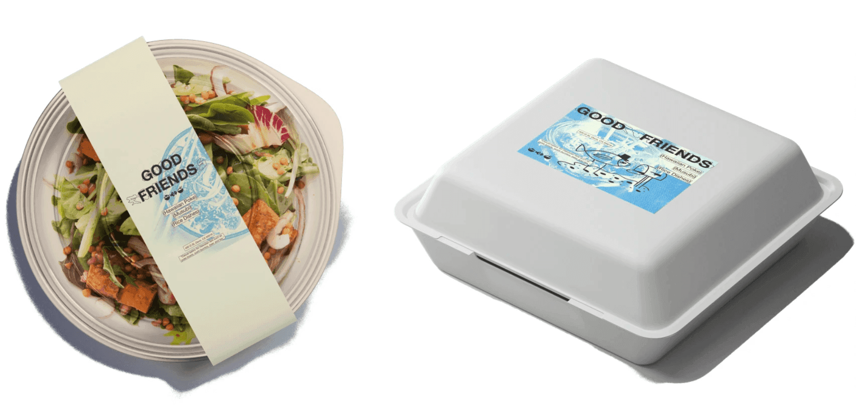 Physical wayfinding and packaging design for Good Friends Poke
