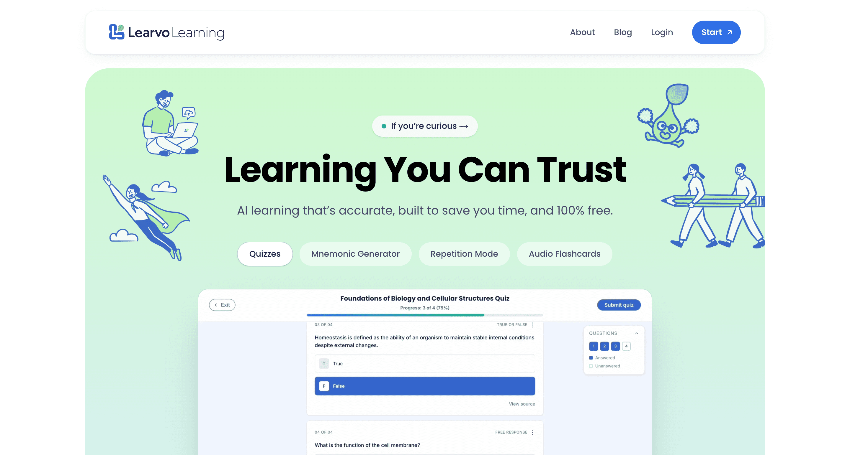 Learvo's redesigned landing page, showing the hero section with Lenny, the doodle system, and a live quiz preview