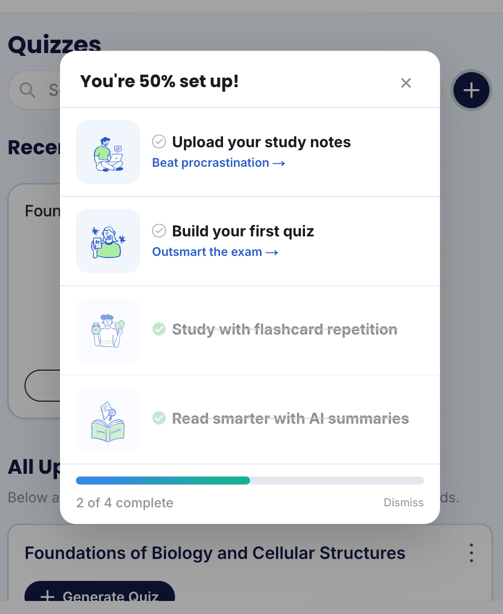 Onboarding checklist, 2 of 4 complete