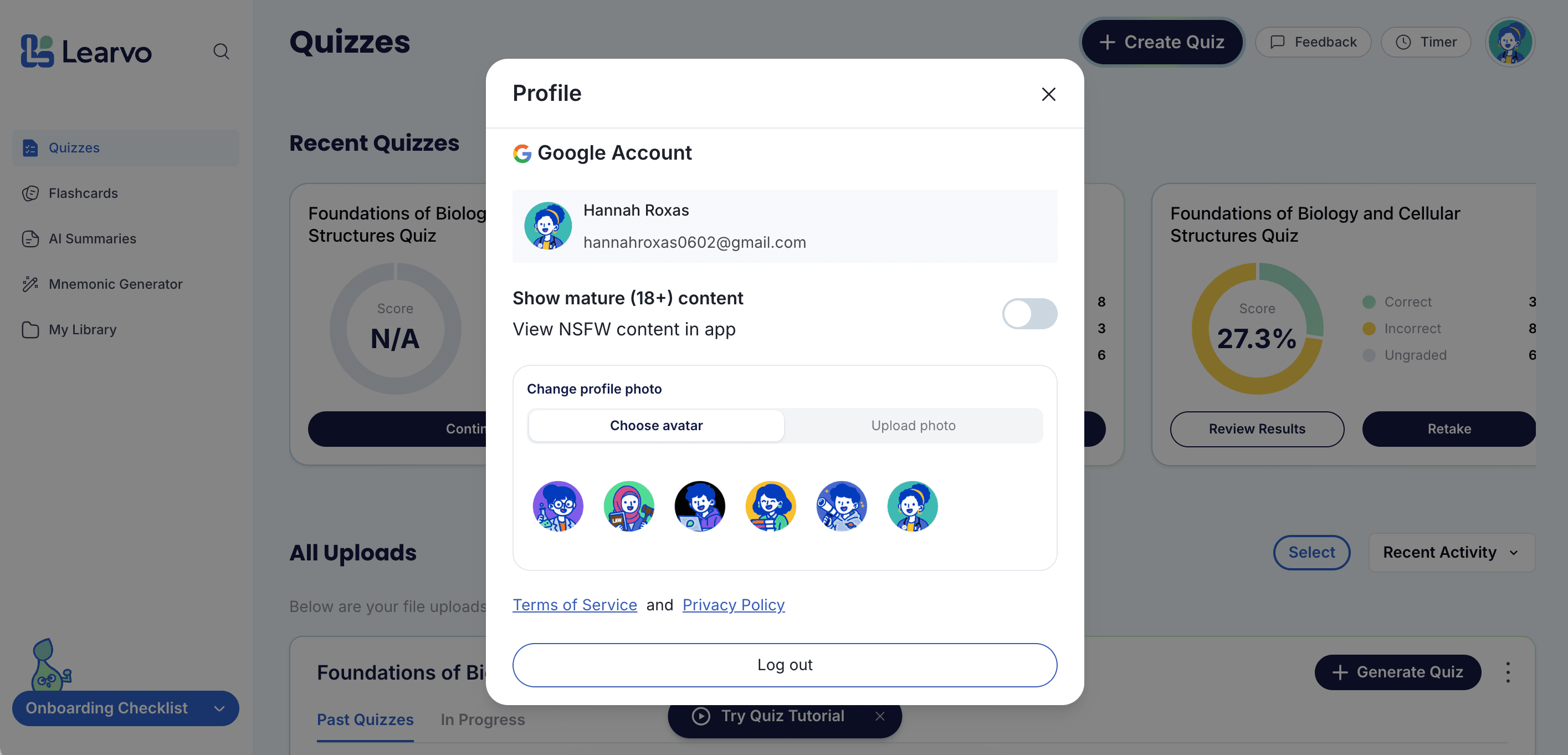 Learvo profile modal with avatar picker